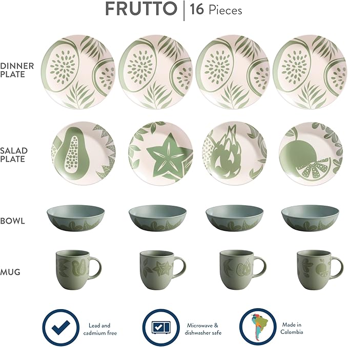 Corona 16?뱎iece Green Tropical Fruit Design Ceramic Dinnerware Sets | Plates, Bowls and Mugs | Service For 4 | Frutto