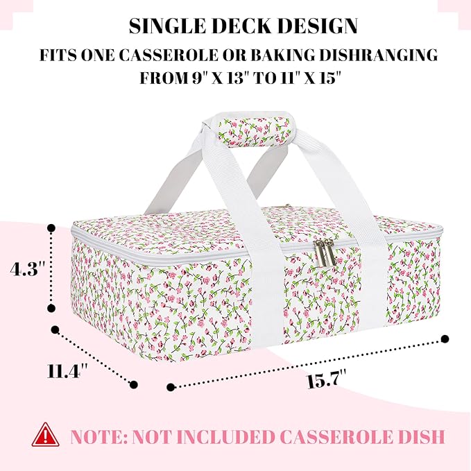 Insulated Casserole Carrier for Hot or Cold Food, Lasagna Lugger Tote Warmer or Cooler Bag, Casserole Dish Carrier for Potluck Parties, Picnic and Cookout, Fits 9"x13" Baking Dish(Pink Floral)