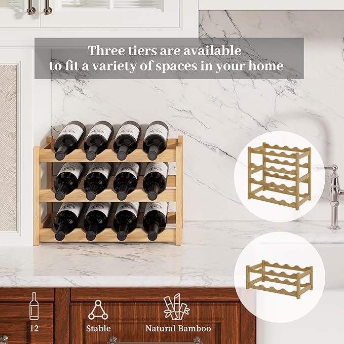 Wine Rack竊똁amboo Wine Storage Cabinet Shelf竊똂ountertop Wine Shelf- Freestanding Wine Holder for Kitchen & Pantry (Natural, 3-Tier)