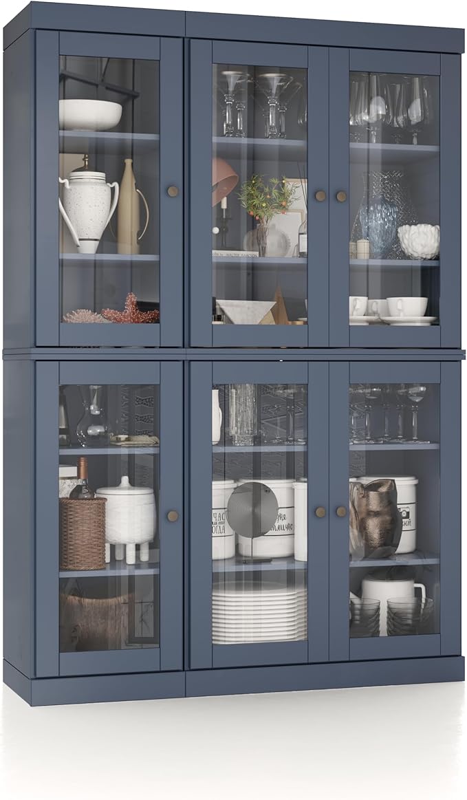 Palace Imports 100% Solid Wood 48.5" Pantry China Cabinet with Clear Glass Doors and Adjustable Shelves (Antique Blue)