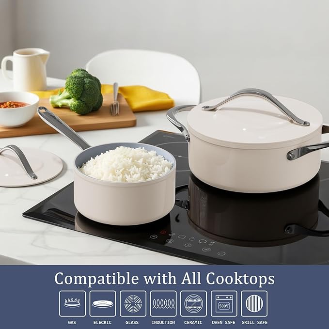 Nonstick Ceramic Frying Pan 8 inch for All Cooktops, Healthy Non Toxic Egg Pan for Easy Flipping, PTFE/PFOA/PFAS Free, Even Heat Distribution Oven Safe up to 500째F, Stay-Cool Handle, Cream