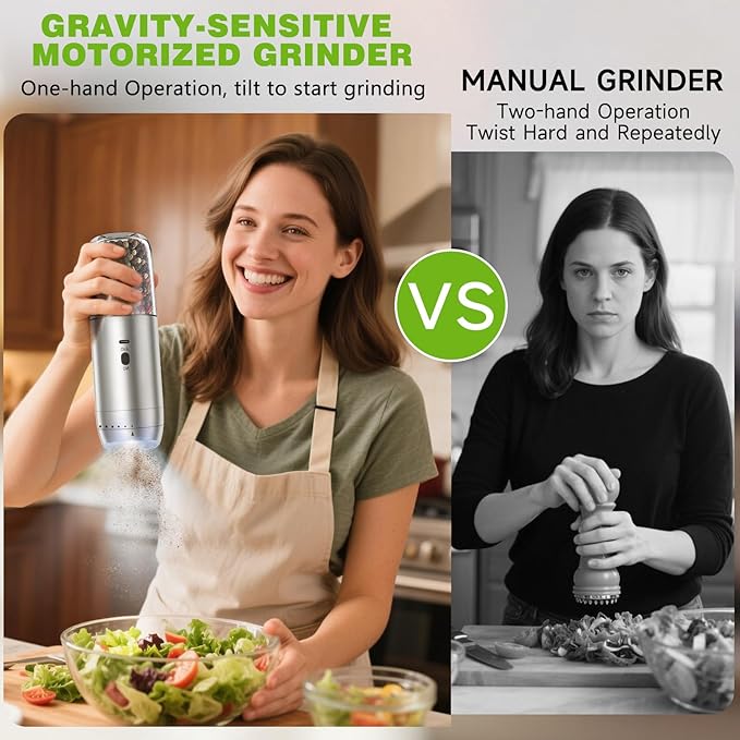 Gravity Salt and Pepper Grinder Set, Electric Salt and Pepper Grinder, Refillable Pepper Mill with Adjustable Coarseness & LED Light, Upgraded Large Capacity Rechargeable Pepper Grinders for Kitchen