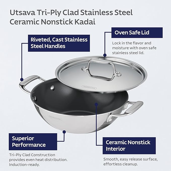 Tramontina Utsava Tri-Ply Clad Stainless Steel 1.8-Quart Kadai with Lid and Ceramic Non Stick Interior, Induction-Ready Small Kadhai Pot for Indian Cooking