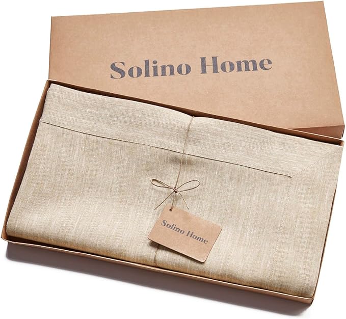 Solino Home Linen Tablecloth 60 x 120 Inch - 100% Pure Linen Champagne Beige Table Cloth for Rectangular Tables - Athena, Machine Washable Cloth Tablecloth for Spring, Easter