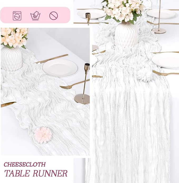 RealBox 3 Pack White Cheesecloth Table Runner 17x108 Inch Semi Sheer Boho Gauze Cheese Cloth Fabric Table Runners Table Decor for Wedding Party Baby Shower Birthday Home Decor Garden Farmhouse