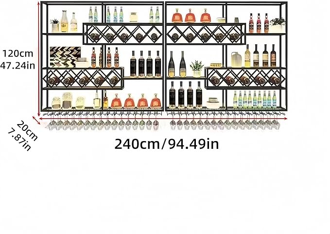 94 Inch Wine Rack Wall Mounted, 4 Tier Large Wall Mounted Liquor Shelf & Bar Shelf, Metal Wall Wine Rack with Glass Holder, Bar Shelves for Liquor Bottles Display Storage, Black (No Lights)