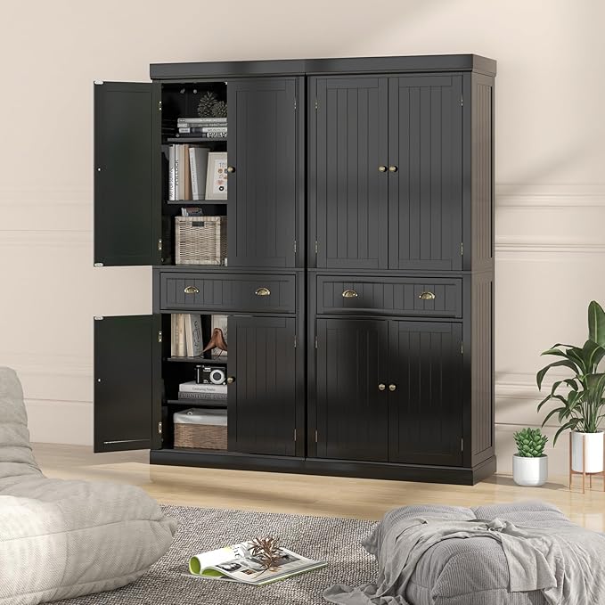 Tangkula 72" H Kitchen Pantry Cupboard Cabinet, Traditional Freestanding Large Tall Storage Cabinet with 2 Cabinets and Drawer, Adjustable Shelves, for Living Room Kitchen, 30 x 16 x 72 Inch