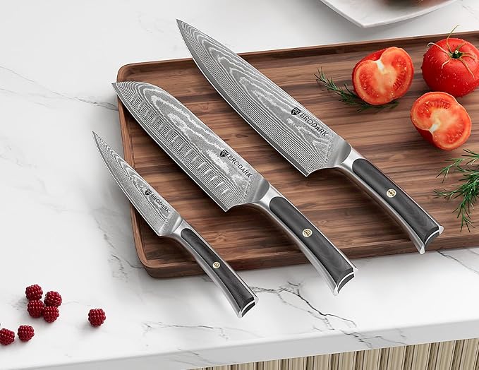 BRODARK Damascus Chef Knife 3 PCS, VG10 Steel Full Tang Sharp Professional Japanese Chef Knife Set for Kitchen, Christmas, Ergonomic Pakkawood Handle Damascus Knife Set with Gift Box