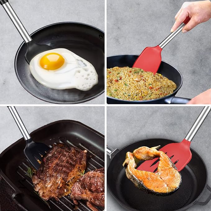 Silicone Spatula and Cooking Spoon,5 Pack Non-Stick Cooking Utensils for Kitchen竊똇eat Resistant Solid & Slotted Spoons and Spatulas, Stainless Steel Handle Coated with Silicone,Red