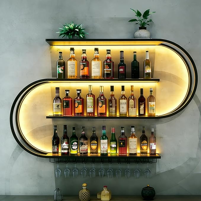 47in Wall Mounted Metal Wine Rack, Floating Wine Bottle Stand 4-Tier, Black Industrial Bar Liquor Bottle Display Shelf,for Home Bar Storage and Display (47in)