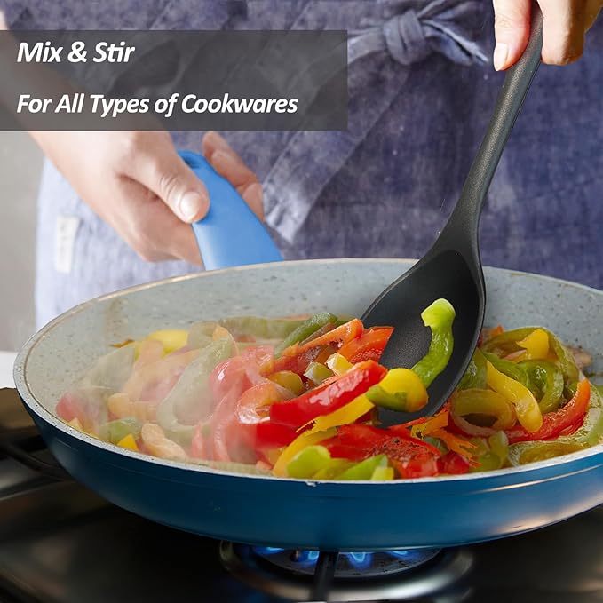 Silicone Slotted Spoons for Cooking - Extra Large Kitchen Spoons for Mixing, Serving, & Stirring - 600째F Heat-Resistant Non Stick Utensils Skimmer- Dishwasher Safe, Black