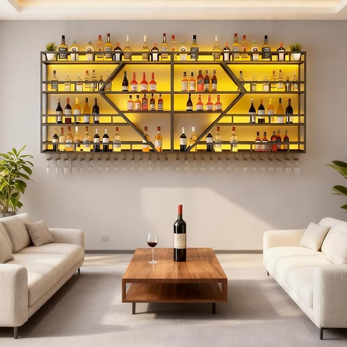 95in Large Wall Mounted Wine Rack, 4 Tier Modern Diamond Shaped Floating Bar Wine Storage Display Shelf, Metal Industrial Liquor Bottles Shelves Wine Glass Holder (Gold, 4 Tier,95in)