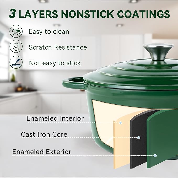 Miereirl 4.5 Quart Enameled Dutch Oven Pot with Lid, Cast Iron Dutch Oven with Dual Handles for Bread Baking, Cooking, Non-stick Enamel Coated Cookware (Green)
