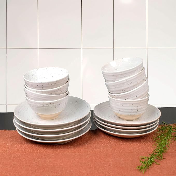 Sango Siterra 16-Piece Rustic White Stoneware Dinnerware Set ??Service for 4, White with Glossy Speckle Overlay, for Everyday Dining & Entertainment, Microwave & Dishwasher Safe
