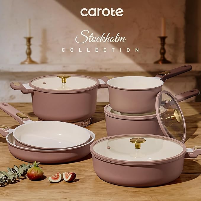 CAROTE Ceramic Cookware Set, Pots and Pans Set Non stick, 17-Piece Induction Cookware, Non toxic Healthy Non Stick Kitchen Cooking Set, with Frying Pans Set,Large Capacity Soup Pot,Mauve Pink