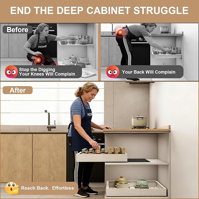 Pull out Cabinet Organizer,Expandable Width(7"-11"),Depth(17"-24") with 5 Rails,Roll out Drawers,No Drill Adjustable Slide out Shelves for Kitchen,Pantry,for Both Lip and Lip-Free Cabinets,White(1PC)