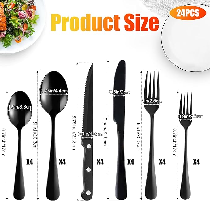 24 PCS Black Silverware Set,Food-Grade Stainless Steel Flatware with Steak Knives,Mirror Polished Utensil Sets for 4,Tableware Cutlery Set Include Forks and Spoons for Kitchen,Home,Restaurant
