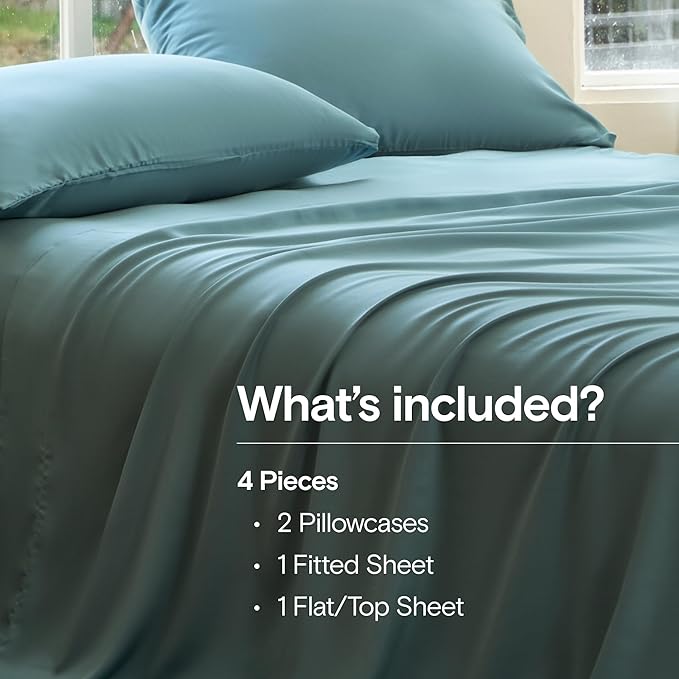 DOZ Sheet Set, 100% Viscose derived from Bamboo, Organically Grown, Buttery Soft, Cooling Sheets, High GSM, Deep Pockets - 4 Piece - 2 Pillowcases 1 Fitted 1 Top Sheet (Teal, Full)