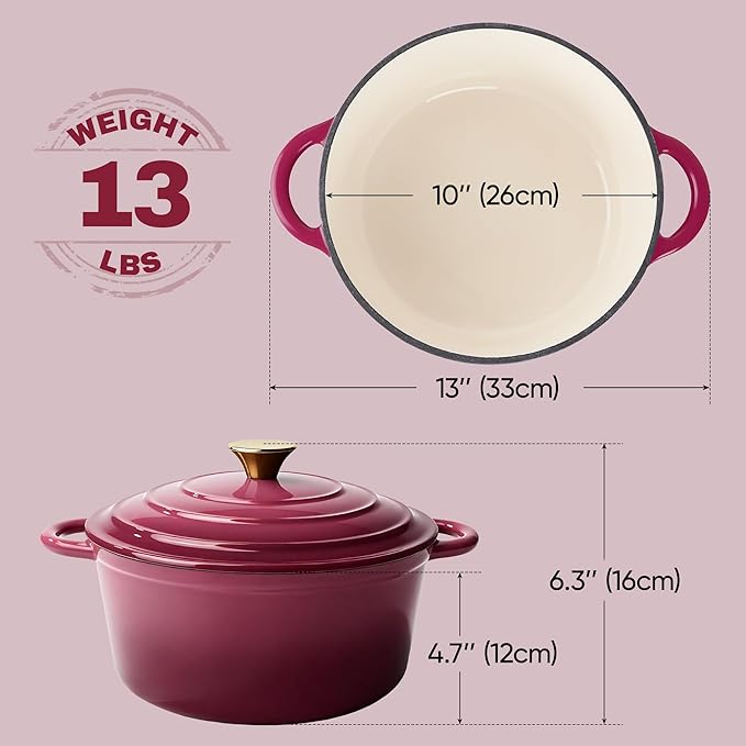 Vintage Style 6 Quart Dutch Oven Pot with Lid, Non Stick Enameled Cast Iron Dutch Oven for Bread Baking, Heavy-Duty, Oven Safe Ceramic Cookware Up to 500째F for Baking, Braising, Stews, Roasting, Rose