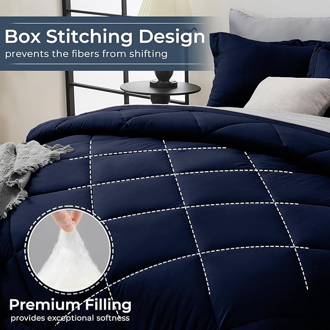 HEVUMYI Full Comforter Set - 7-Piece All Season Bed in a Bag Full, Ultra Soft Bedding Set with Comforter, Flat Sheet, Fitted Sheet, Pillowcases, Pillow Shams, Navy Blue & Light Grey