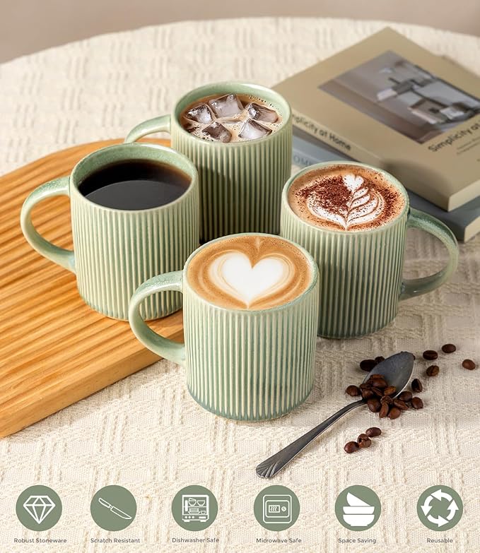 GBhome Coffee Mugs Set for 6, 11oz Coffee Cups with Handle for Man,Woman,Dad,Mom, Stoneware Mugs Sets for Coffee, Latte,Tea, Hot Cocoa, Milk, Dishwasher&Microwave Safe,Light Green