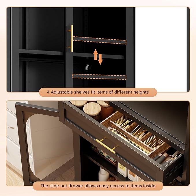 75" Tall Kitchen Pantry Cabinet,Metal Storage Cabinets with 4 Glass Doors and 1 Drawer,Freestanding Display Cupboard for Dining Room,Hallway,Black