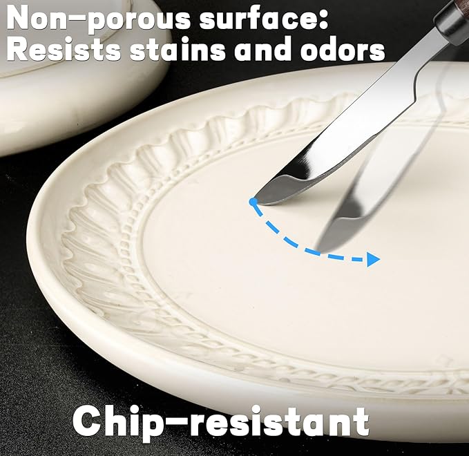 Artena Salad Plates Set Of 4, 8.5 Inch Embossed Ceramic Dinner for Appetizer Dessert, Kitchen Plates With Lipped Edges, Microwave Oven Dishwasher Safe (Willow Leaf)