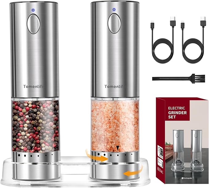 [Upgraded Larger Capacity] Tomentific Electric Salt and Pepper Grinder Set with Storage Base, Stainless Steel Pepper Mills with Washable Container, White LED Light, External Adjustable Coarseness
