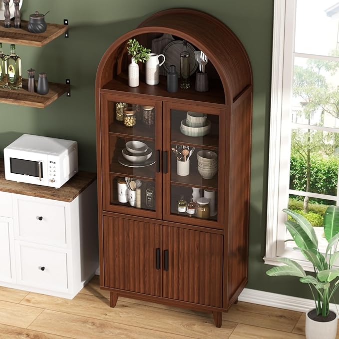 Kitchen Pantry Cabinet with Glass Doors - Arched Design, Solid Wood Legs, Artistic Fluted Door, Adjustable Shelves, 70.8" Curved Storage Cabinet for Kitchen, Dining Room