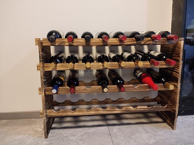 32-Bottle 4-Tier Stackable Wine Rack ??Freestanding Carbonized Pine Organizer for Home Bar, Kitchen, Countertop, Modular DIY Design