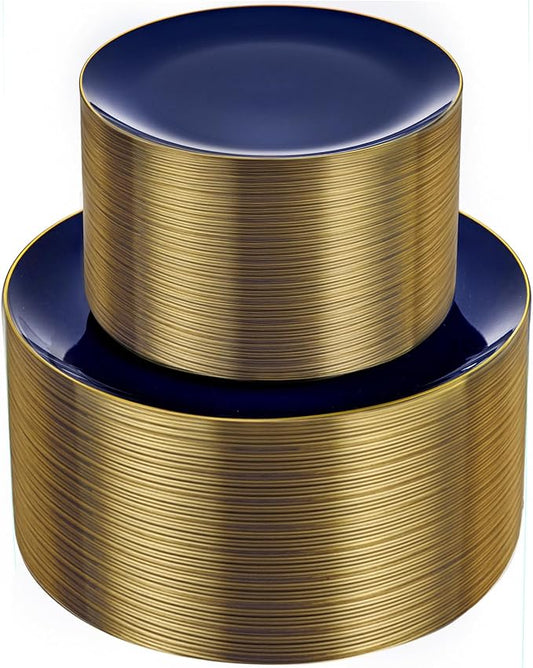 bUCLA 100PCS Blue Plastic Plates - Navy Blue Disposable with Gold Rim, Include 50 Each (10 inch Dinner & 7 inch Dessert) Plates, Ideal for Party and Hanukkah