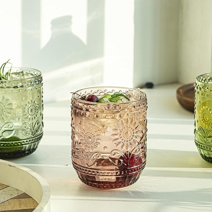 Luminthra Elegant Vintage Crystal Glassware Set, Embossed Floral Drinkware, 12oz Green and Multi-Color Glass Cups for Wine, Cocktails, and Beverages (Pink)