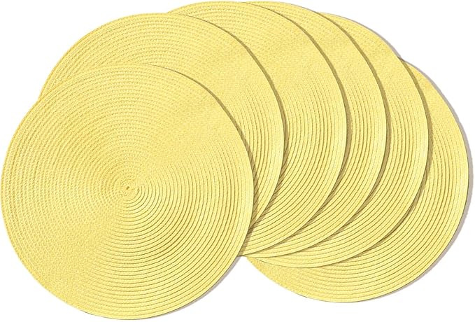 AHHFSMEI Round Braided Placemats 15 Inch Round Table Mats for Dining Tables Natural Woven Heat Resistant Place mats Set of 6 (Light Yellow,6)