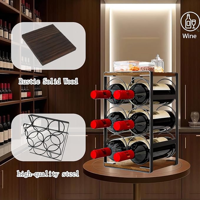 Wood Countertop Wine Rack No Need Assembly 6 Bottles Black + Rustic Brown