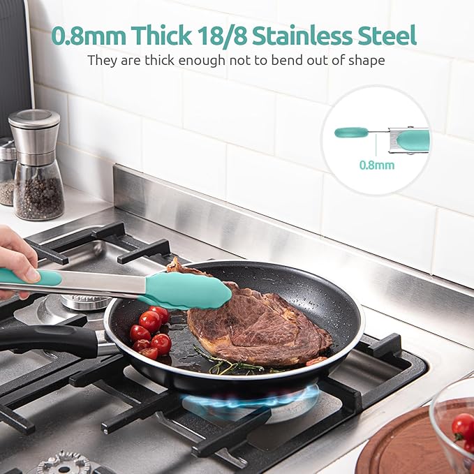 600쨘F Heat Resistant Kitchen Tongs: U-Taste 9+12 inch Silicone Cooking Tong Set with Firm Sealed Non Stick Rubber Tips and Silicon Coated 18/8 Stainless Steel Handle for Serving Grilling (Aqua Sky)