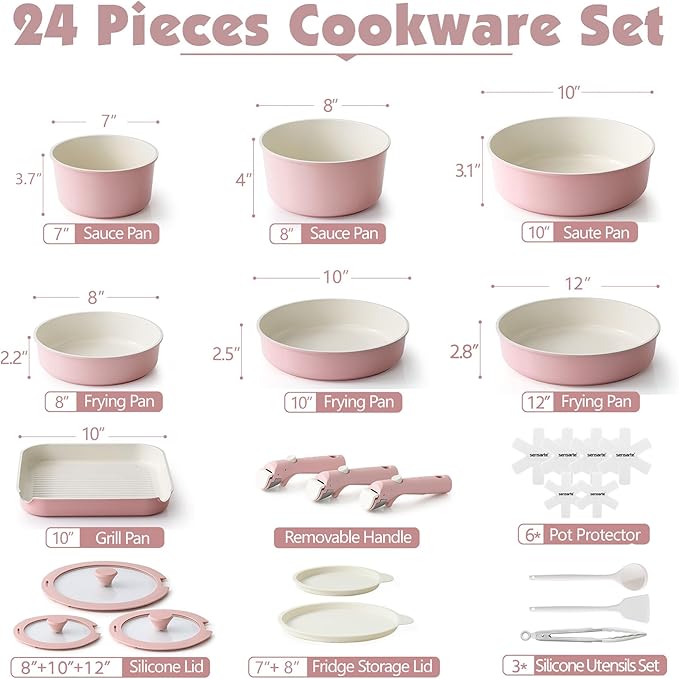 SENSARTE 24 Piece Ceramic Pots and Pans Set, Nonstick Detachable Handle Cookware, Induction Kitchen Cookware Set with Removable Handle, Healthy Non Stick for RV, Dishwasher竊냀ven Safe, PFOA Free (Pink)