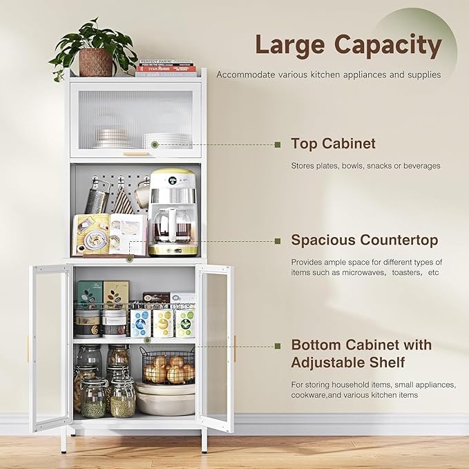 Letaya Metal Kitchen Pantry Cabinet,63" Tall Kitchen Bakers Rack with Storage, Coffee Hutch with countertop,Metal Microwave Stand with Glass Doors for Dining Room, Laundry, Hallway,White