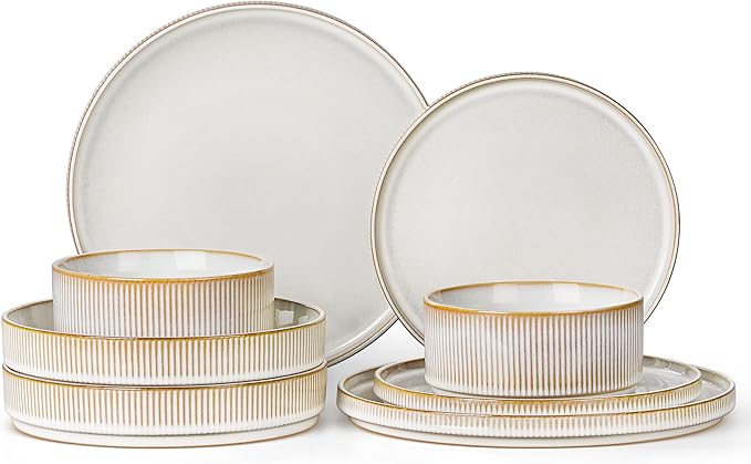 LIANYU 8 Piece Stoneware Plates and Bowls Dishes Set for 2, Dinnerware Sets with Pasta Bowls, Ribbed Dining Ware Dishware for Home Wedding, Microwave and Dishwasher Safe, Dawn Beige