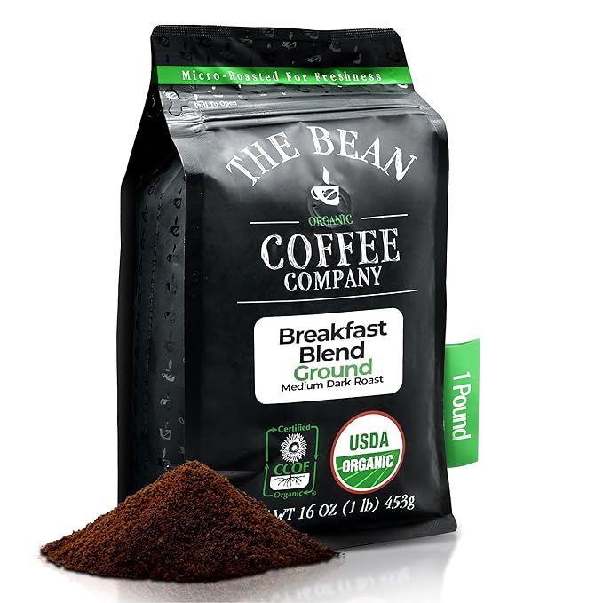 The Bean Organic Coffee Company Breakfast Blend, Medium Dark Roast, Ground Coffee, 16-Ounce Bag,Caf챕 molido tostado organico