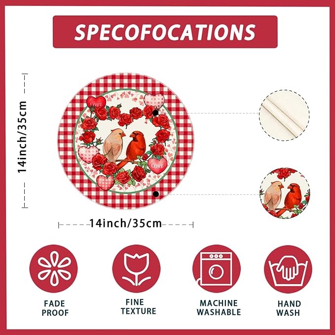 XCHI Plaid Roses Flowers Love Hearts Cardinal Valentine's Day Round Placemats Set of 4 Table Mats for Party Home Kitchen Dining Table Decorations 14x14 Inch