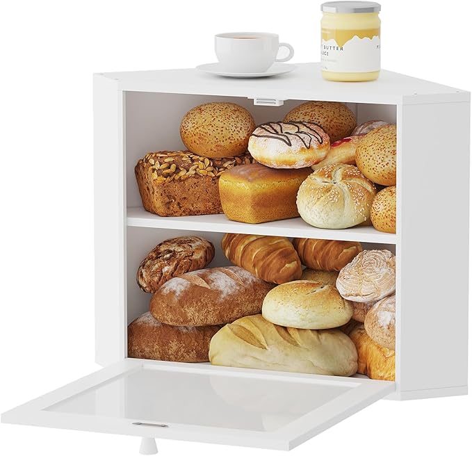 Corner Bread Box for Kitchen Countertop - Bamboo Wood, Wavy Acrylic Door, White Adjustable 2-Layer Bread Storage Container, Large Bread Holder
