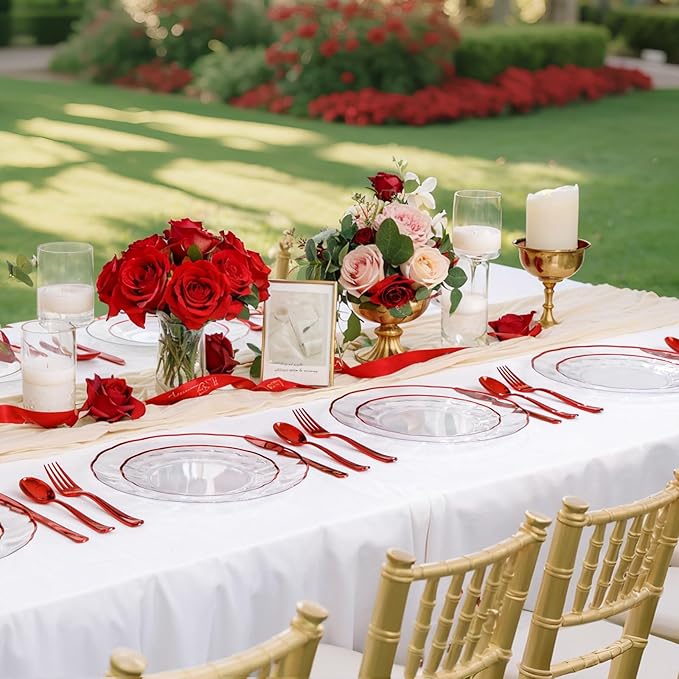 EI 150pcs Clear and Red Plastic Plates,Plastic Plates and sliverware,Clear Disposable Party Dinnerware Set for 30 Guests,Red Wavy Petal Edge Disposable Dinnerware Set for Wedding,Christmas,New Year