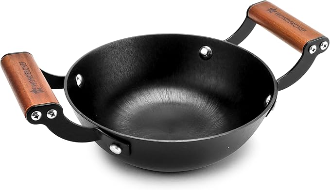 Wonderchef Pre-Seasoned Ferro Light Kadhai 3.2L Acacia Wooden Handles Gravity Moulding Technology No Chemical Coating 10 Year 28cm Black