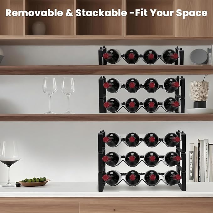 Black Wine Rack for 12 Bottles ??Stackable & Expandable Metal Wine Bottle Holder for Bar Counter, Cabinet, Pantry, or Small Spaces ??Modern Freestanding Wine Storage Shelf (3 Tier, Black)