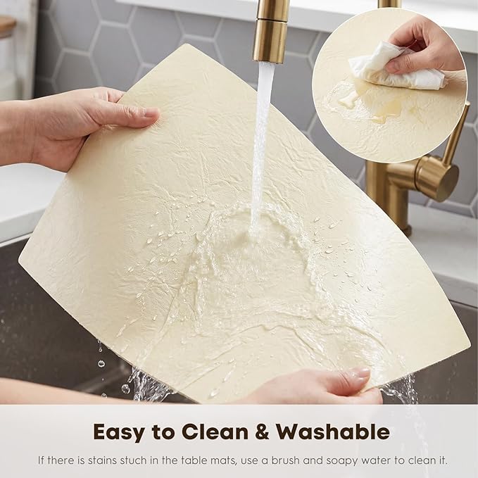 Artoid Mode Beige Faux Leather Placemats Set of 4, 12x18 Inch Waterproof Wipeable Heat Resistant Place Mats, Reversible Table Mats for Kitchen Dining Decor