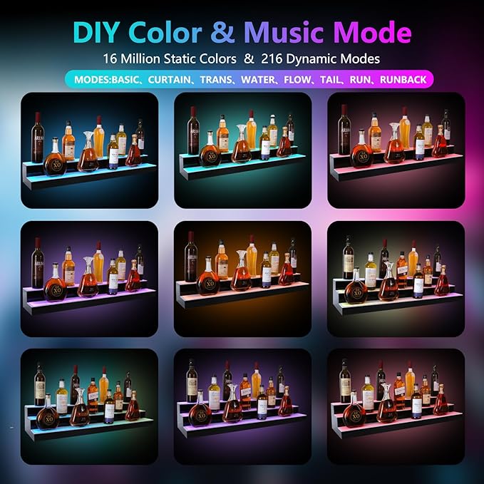 Led Lighted Liquor Bottle Display Shelf, 30 Inch 2 Tier Whiskey Rack, Support USB, Bar Stand with RF Remote & App Control, Illuminated Acrylic Lighting Shelves for Home Bar, Party