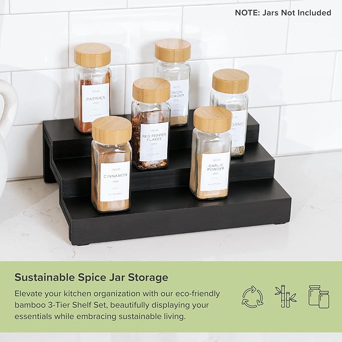 KitchenEdge Expandable Spice Rack Organizer for Cabinet, 3-Tier Shelf for Spice Organization (11??to 22??, Fits 36 Spice Jars, Seasoning and Pantry Storage, Non-Slip Feet, 100% Bamboo, Black Finish