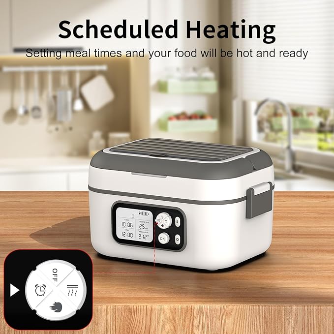 EDCREATY Cordless Electric Heated Lunch Box, 1.5L 6.3Cups 24000mAh Rechargeable Battery Self-Heating Lunch Box, Smart Timer, Even Heating, 100W Portable Food Warmer for Office, Picnic, Car, Outdoor