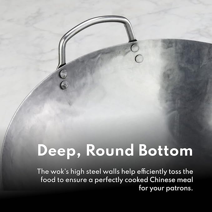 New Star Foodservice Carbon Steel Wok Set - 14" Round Bottom, Hand Hammered With Wood and Steel Helper Handle, Includes Rack/Ring and Spatula (Hand Wash Recommended)