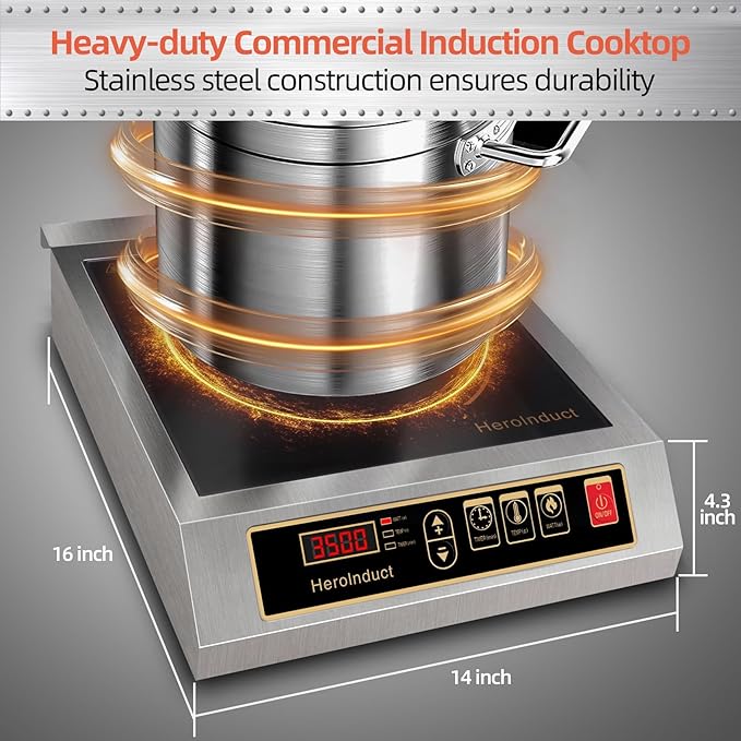 Portable Induction Cooktop 208-240V 3500W Commercial Range Countertop Burner Dual IGBT Modules 8 Heating Level Timer Sensor Push-Button Premium Stainless Steel Housing Ceramic Glass（Black）